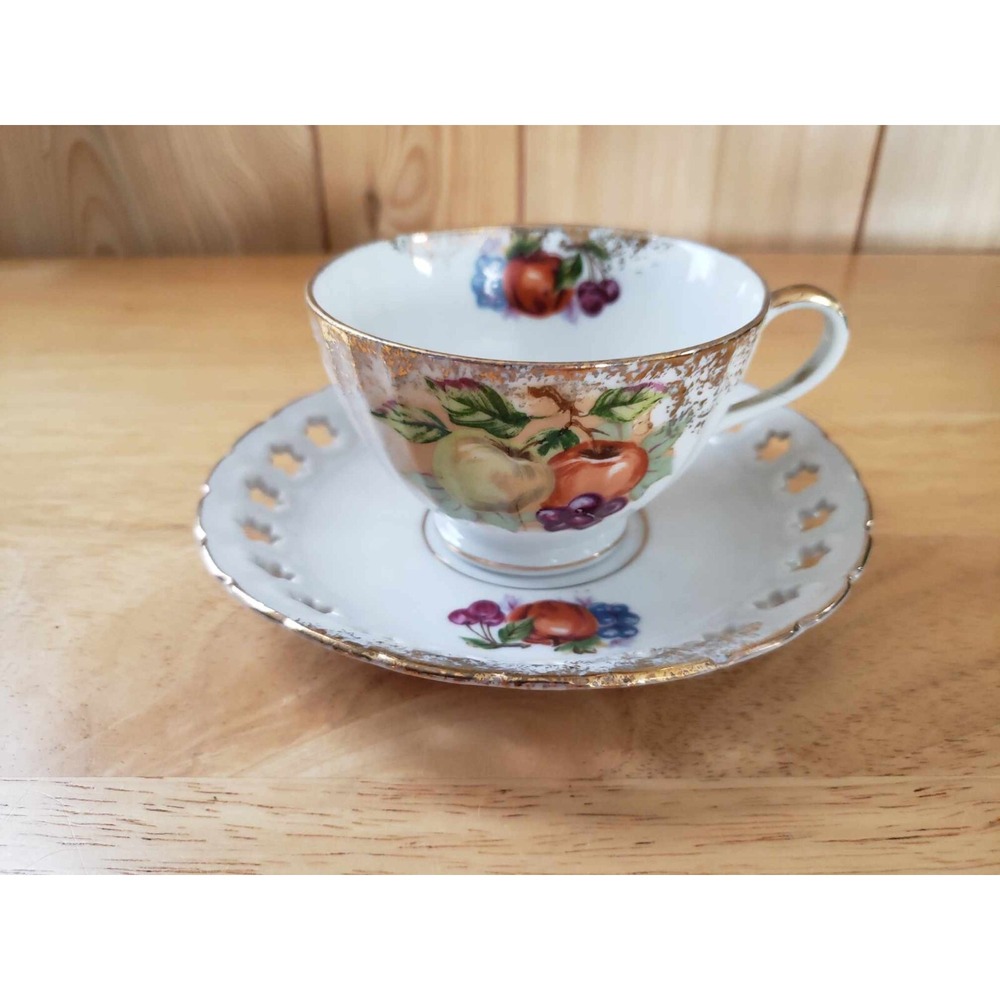 Vintage Enesco Japan Fruit Motif Tea Cup + Pierced Saucer Set – Gold Trim